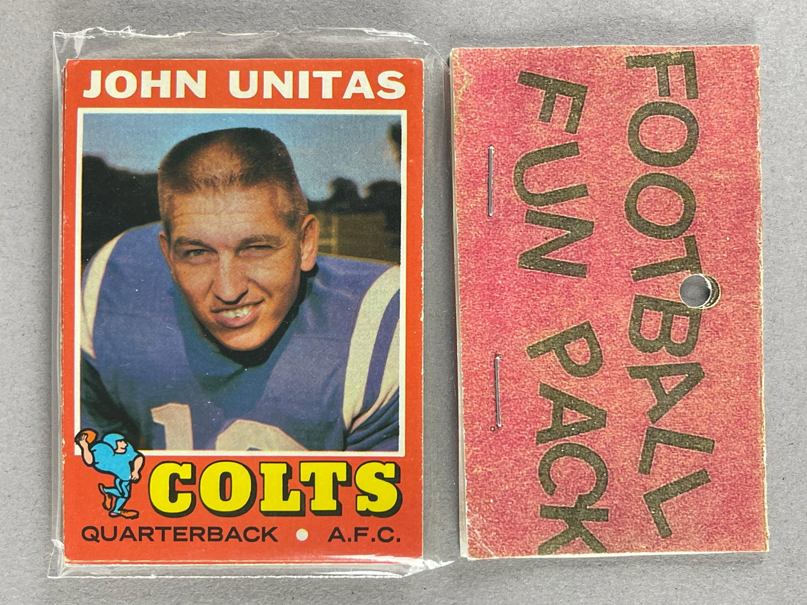 1971 Topps Football West Corps Cello Fun Pack with Unitas on Front: Possible Terry Bradshaw Rookie, 10 cards per pack, West Corps. Was a repacking company in the 1970s