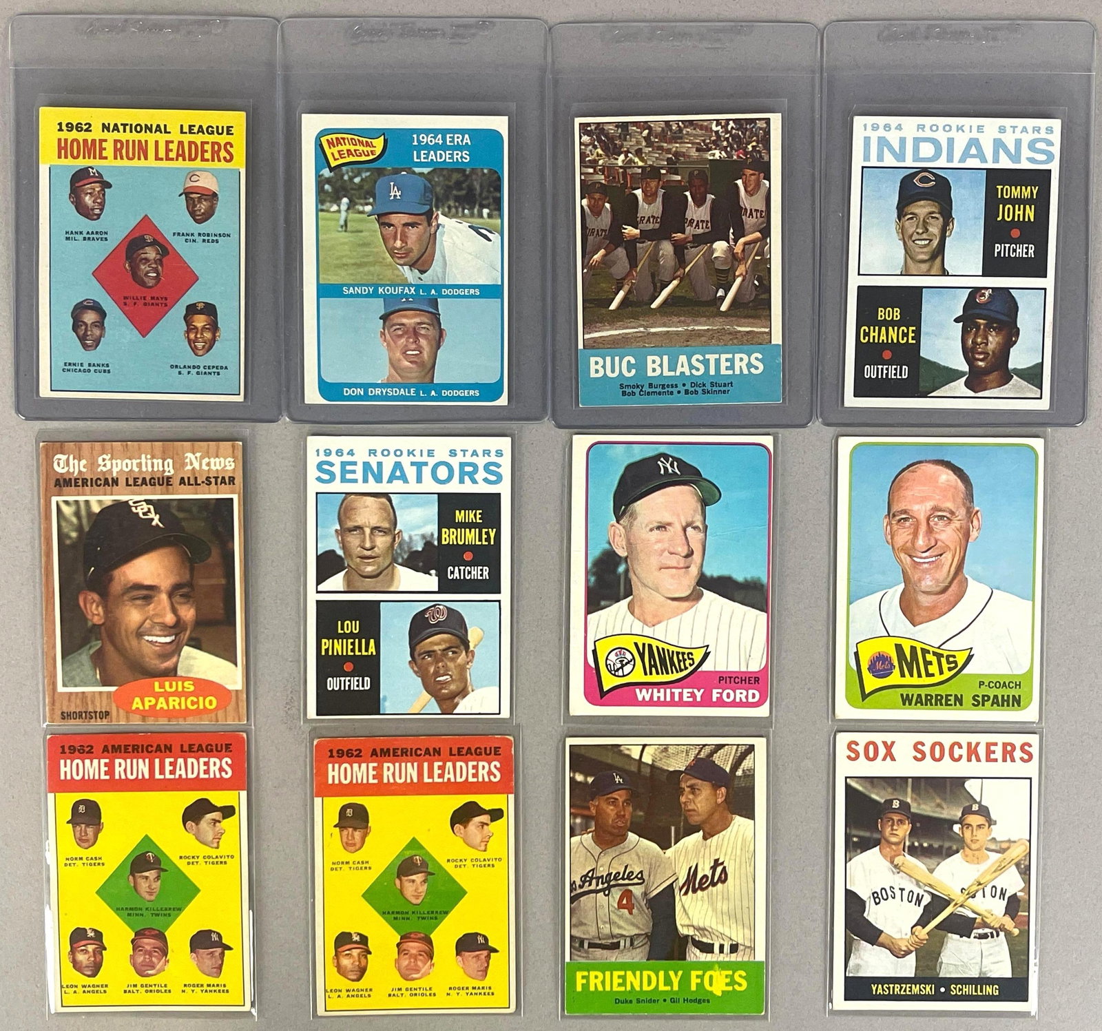 12 - 1962 - 65 Topps Baseball HOFs and Rookies: Conditions vary, VG - EX, Tommy John and Piniella Rookies, Arron Koufax, Clemente, Spahn, and More