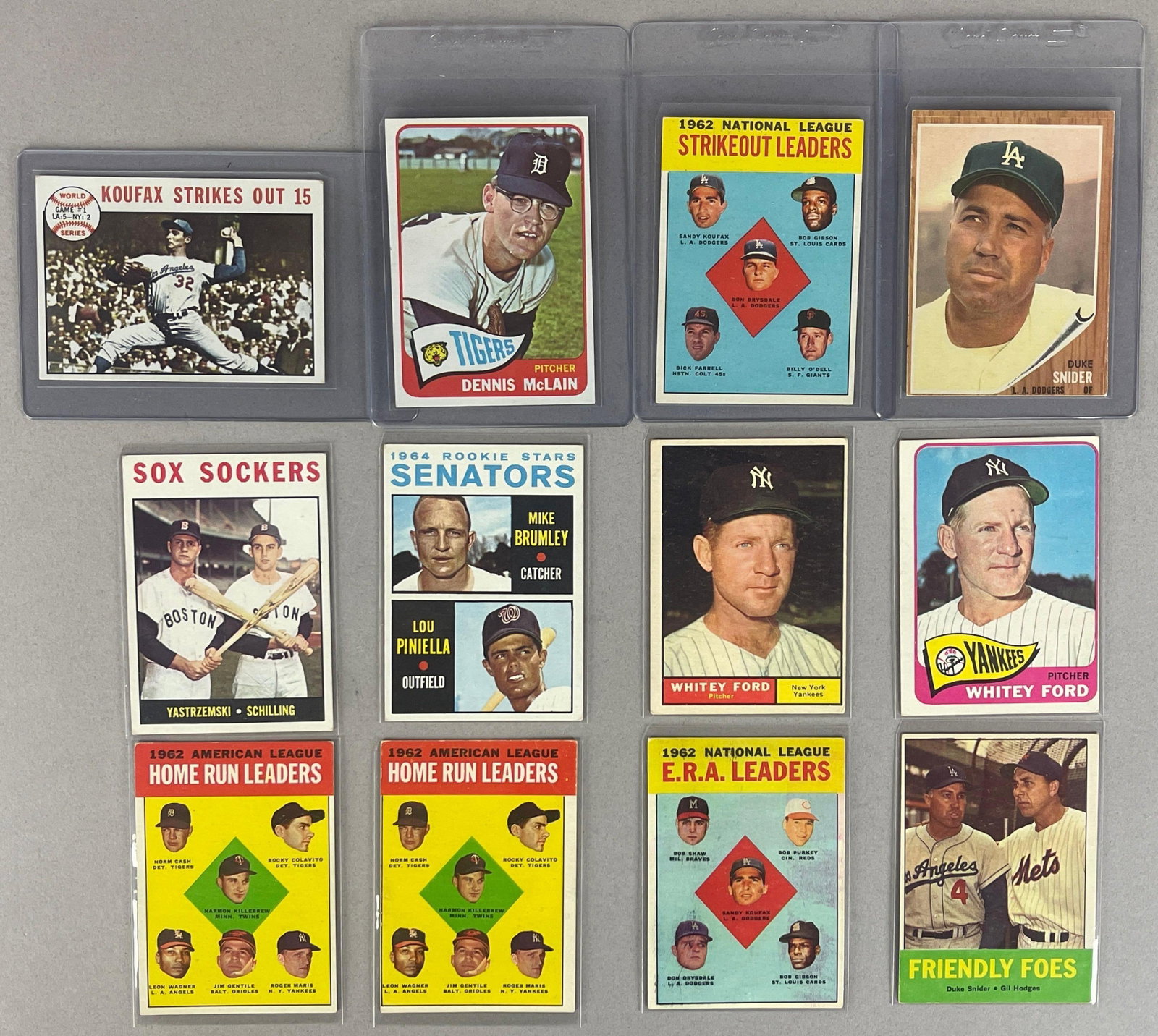 12 - 1962 - 65 Topps Baseball HOFs and Rookies: Conditions vary, VG - EX, McLain and Piniella Rookies, Koufax, Clemente, Yastrzemski, Snider, and More