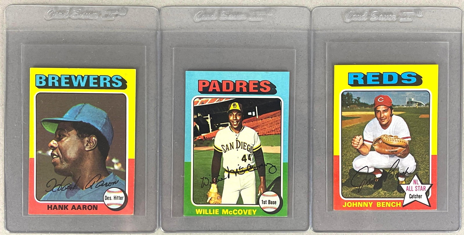 1975 Topps Mini Hank Aaron, Johnny Bench, and Willie McCovey: Includes Bench EXMT - NM, McCovey NM, Aaron EX, Sharp cards