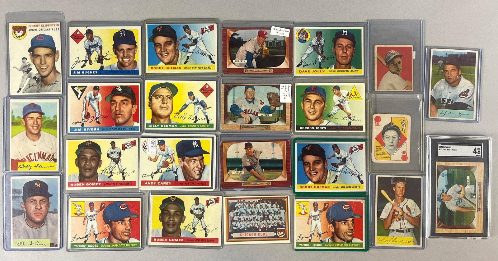 24 - 1949 - 57 Bowman and Topps Baseball Cards with HOFs and Graded: 1955 Bowman Pee Wee Reese #37 SGC 4, Conditions vary, Low - EX, Inlcudes 1955 Bowman Robin Roberts and Early Wynn, 1949 Bowman Dom DiMaggio, 1954 Bowman Red Schoendienst and Early Wynn, and Much More