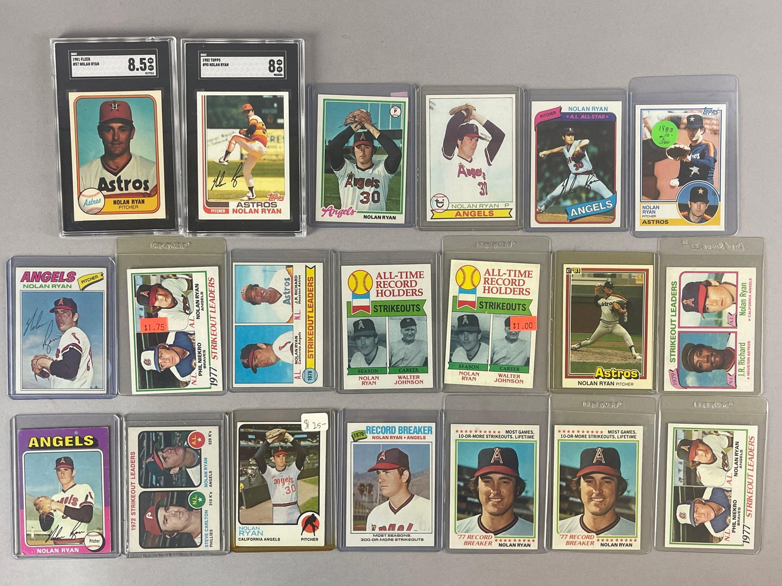 20 - 1973 - 83 Topps, Fleer, and Donruss Nolan Ryan Cards with Graded: 1981 Fleer #57 SGC 8.5, 1982 Topps #90 SGC 8, Conditions vary, VG - NMMT, 1973 Topps #220, Strikeout Leaders #67 VG, 1975 Topps #500 VG, 1977 Topps #650 VGEX - EX, 1978 and 79 Topps EX - EXMT, and Mor