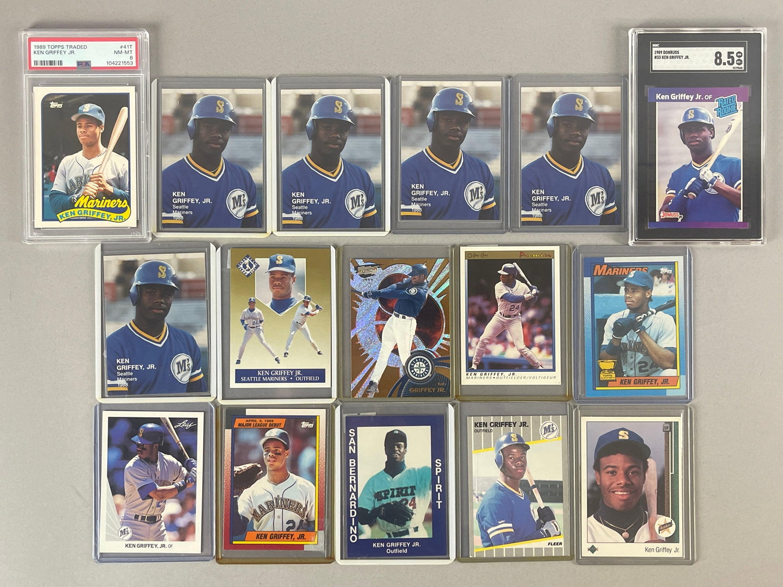 16 - 1989 - 99 Ken Griffey Jr. Cards with Rookies and Graded: 1989 Donruss #33 SGC 8.5, 1989 Topps #41T PSA 8, Nice Selection