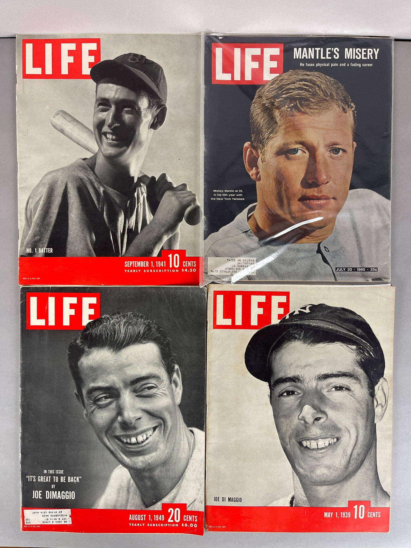 1939, 41, 49, and 65 Life Magazine Williams, Mantle, and DiMaggio (1 of 2)