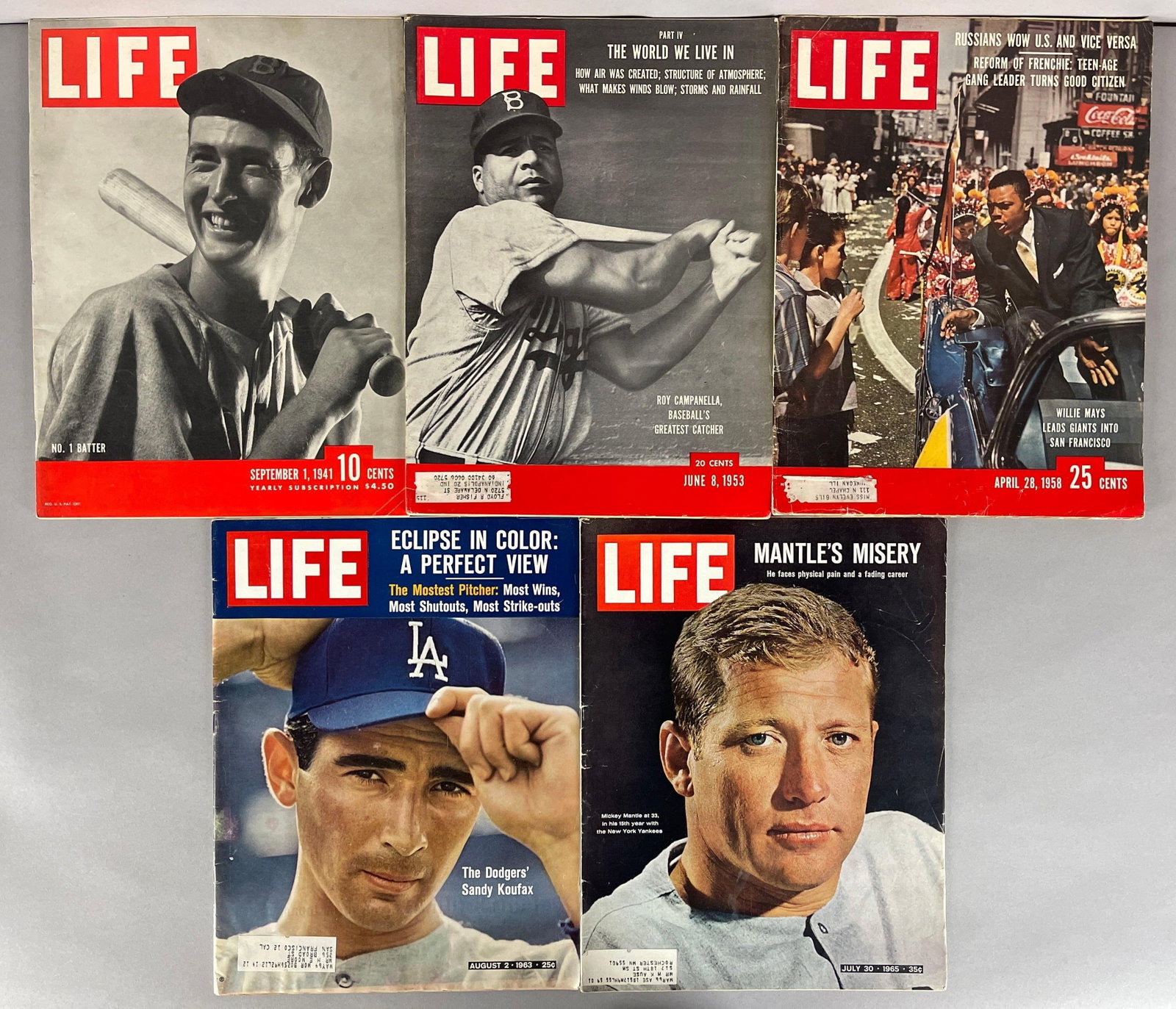 5 - 1941 - 65 Life Magazine Mantle, Mays, Williams, Koufax, and Campanella: 41 Ted Williams, 53 Ray Campanella, 58 Willie Mays, 63 Sandy Koufax, and 65 Mickey Mantle
