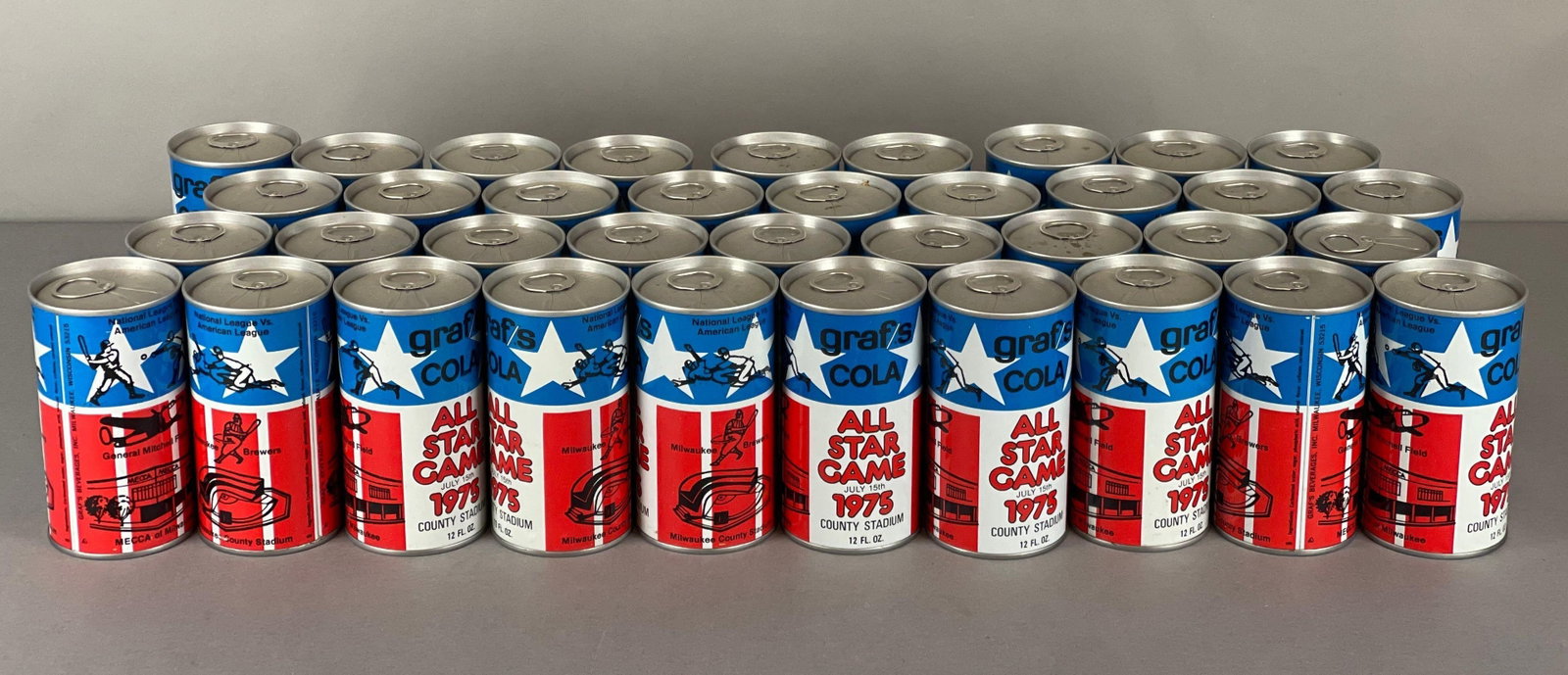 37 - Grafs Cola 1975 Milwaukee All-Star Game Pop Cans: Great condition, 1975 MLB All-Star Game at Milwaukee County Stadium, Grafs Cola Cans