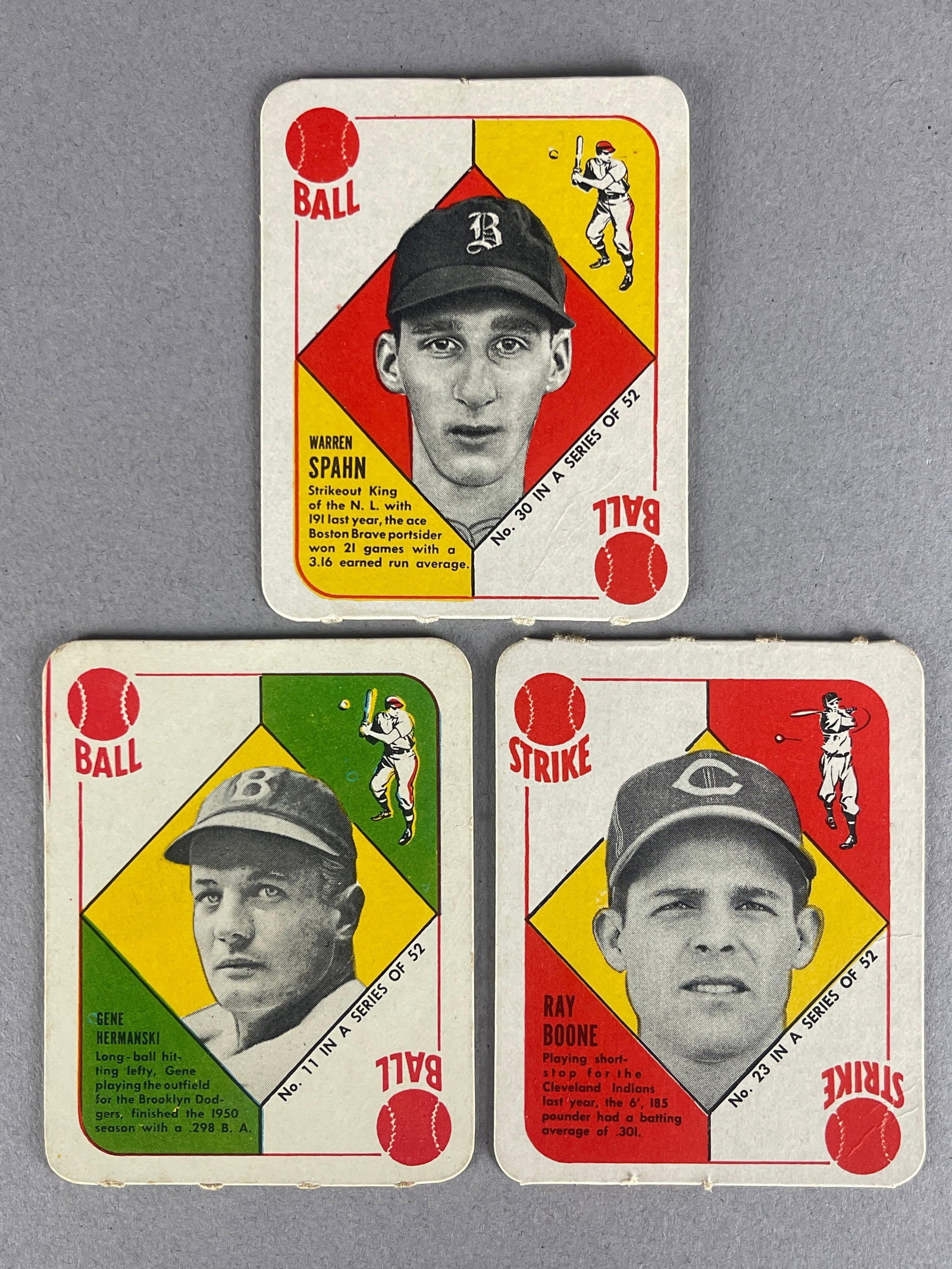 1951 Topps Warren Spahn Red Back + 2 Others: Condition VG - VGEX, Includes Warren Spahn Ray Boone and Gene Hermanski