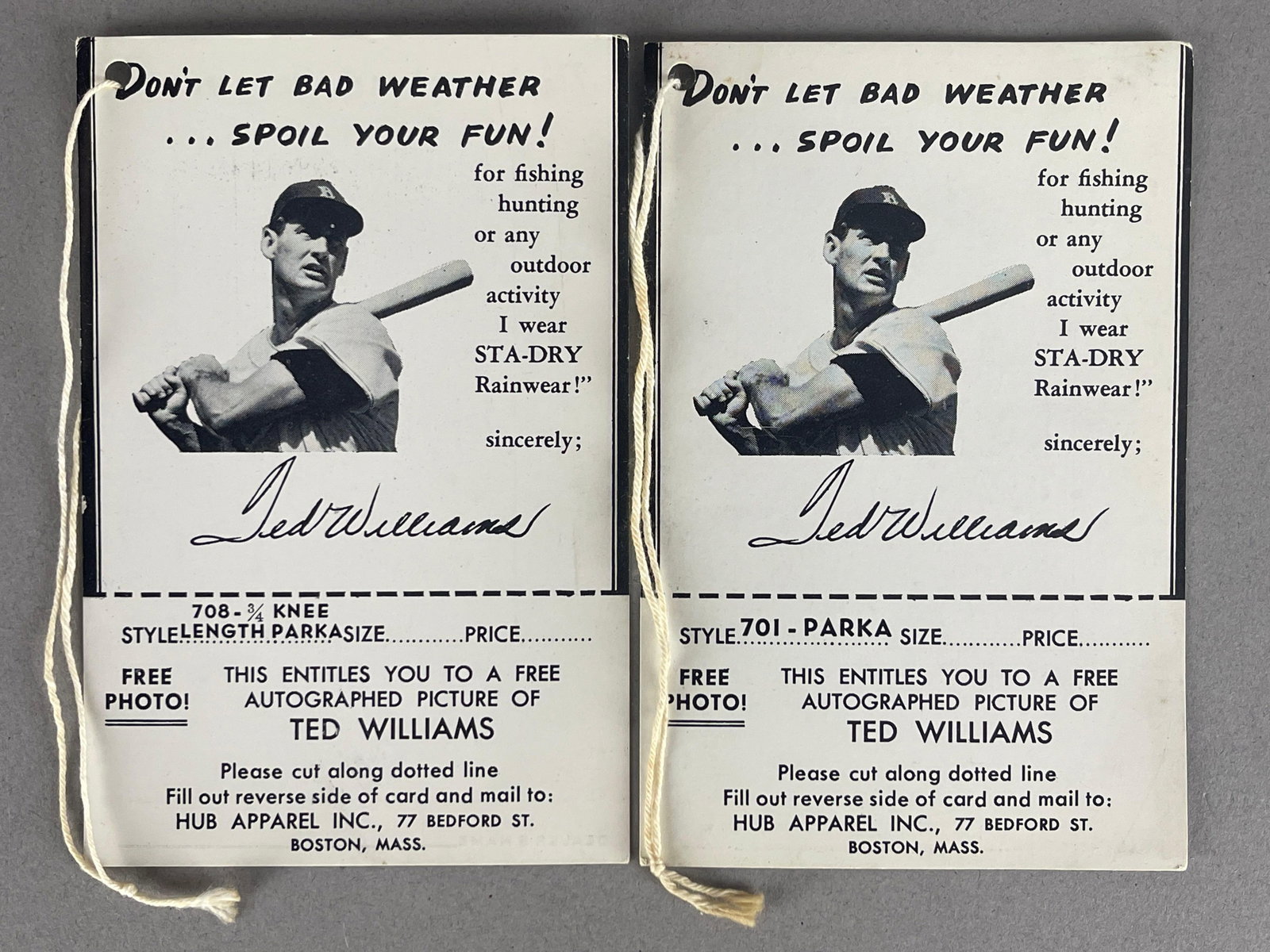 2 - 1950s Ted Williams Hub Apparel Parka Hang Tag with String (1 of 2)