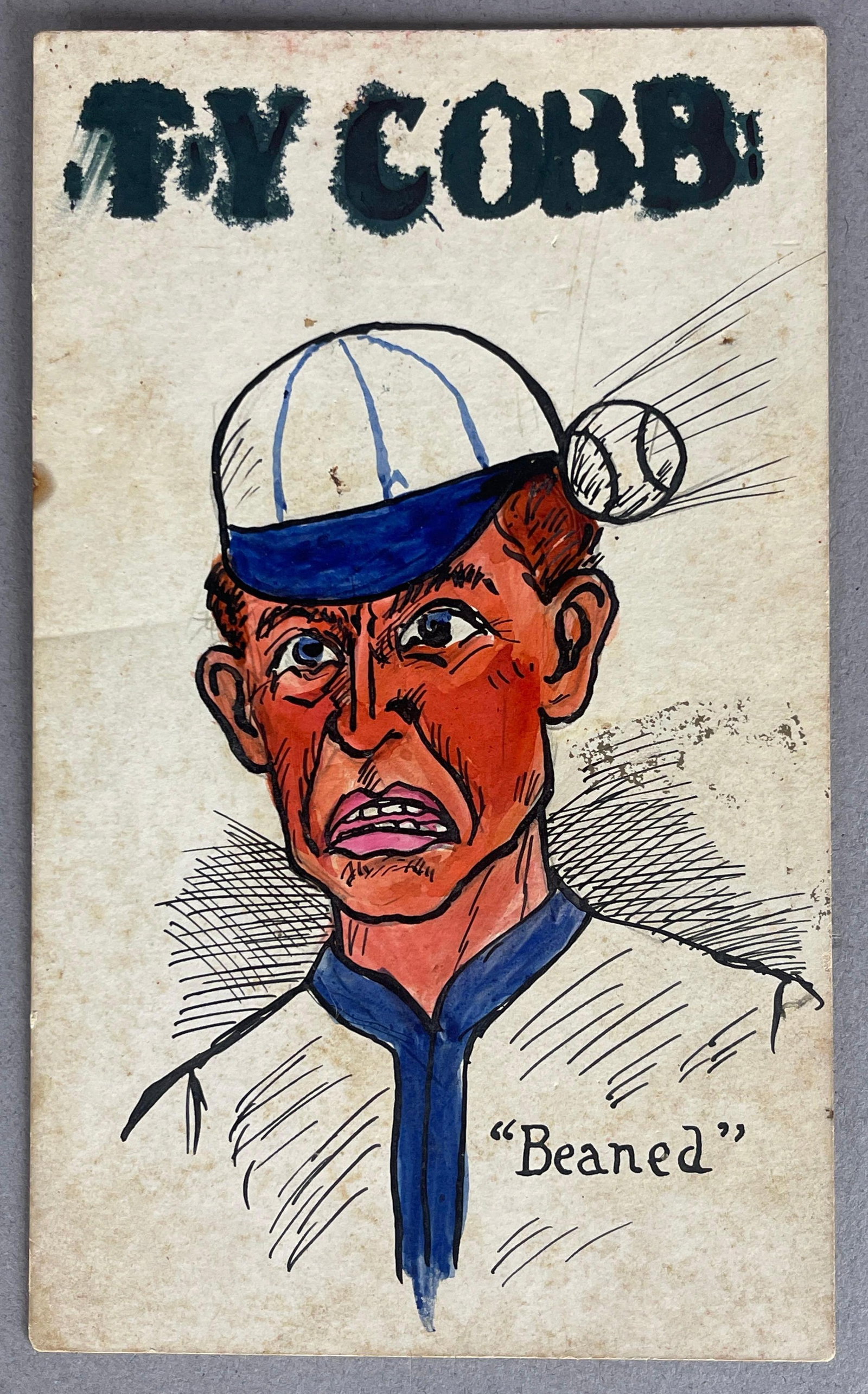 Vintage Hand Drawn Ty Cobb Post Card - Beaned (1 of 2)