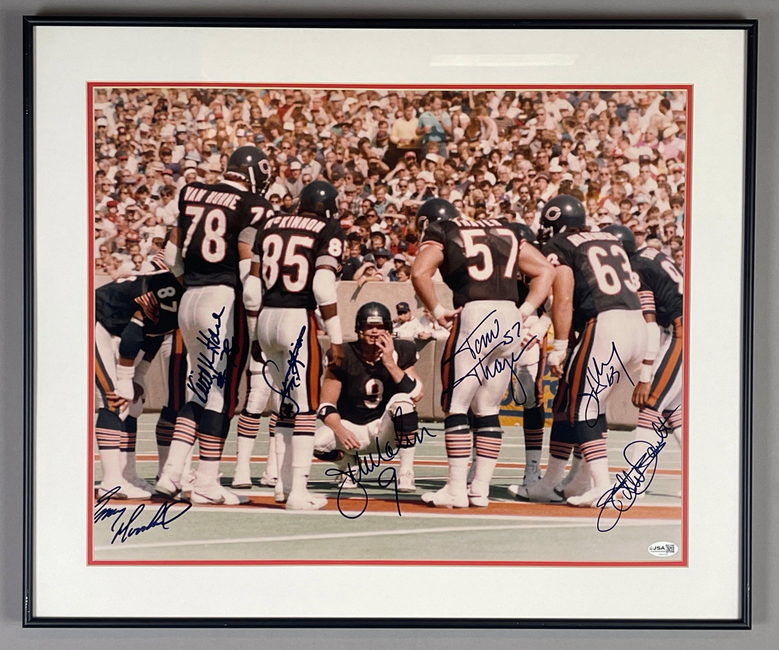 Chicago Bears 1985 Team Photo Signed by 7 Players with JSA COA: Autographs Emory Moorhead, Keith VanHorne, Steve McKinnon, Jim McMahon, Tom Thayler, Jay Hilgenberg, and Willie Gault, with JSA COA, Frame Measures 24 1/2 x 20 1/2 Inches