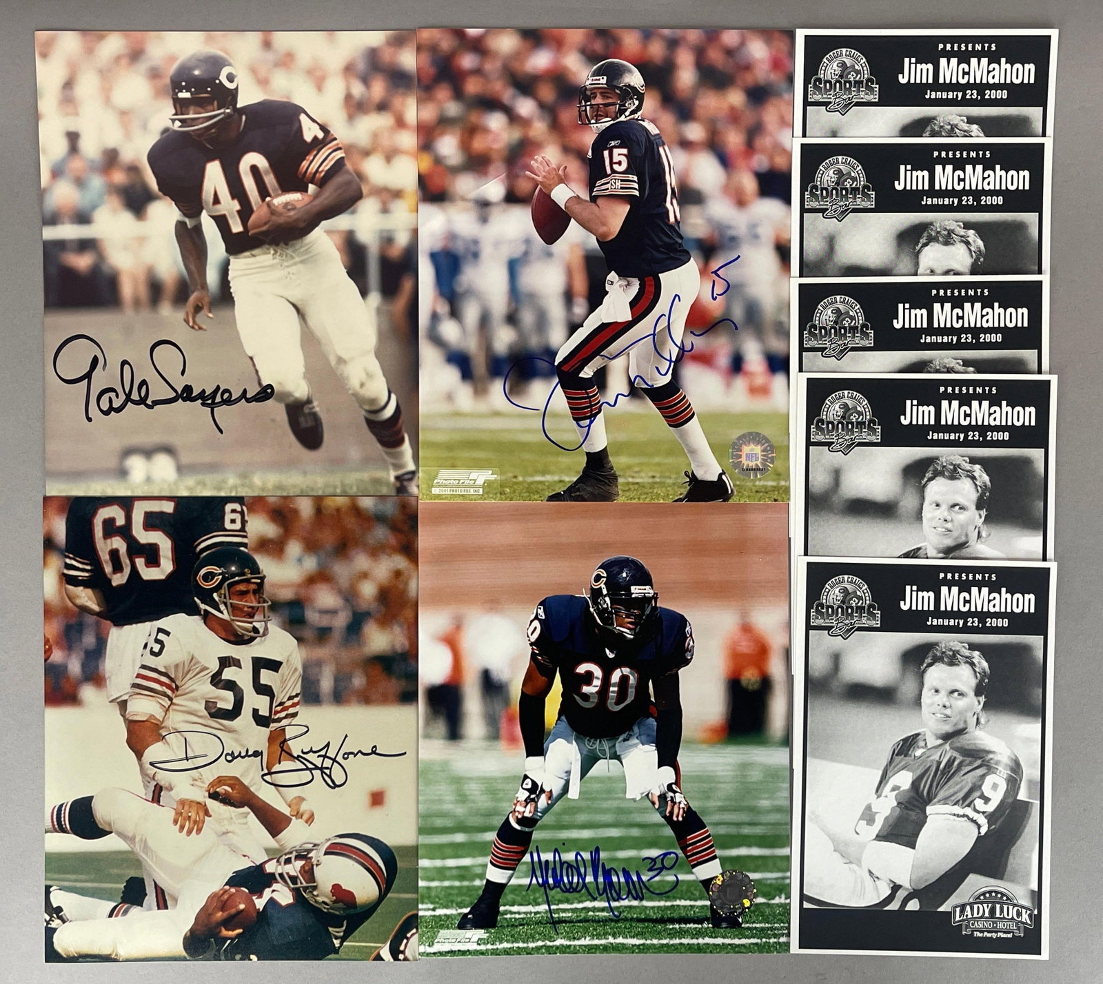 4 - Chicago Bears Signed 8x10 Photos and Jim McMahoms Fliers: Autographed Gale Sayers, Jim Miller, Doug Buffone, and Mike Brown, and. Roger Craigs Sports Bar flier at Luck Lady Casino