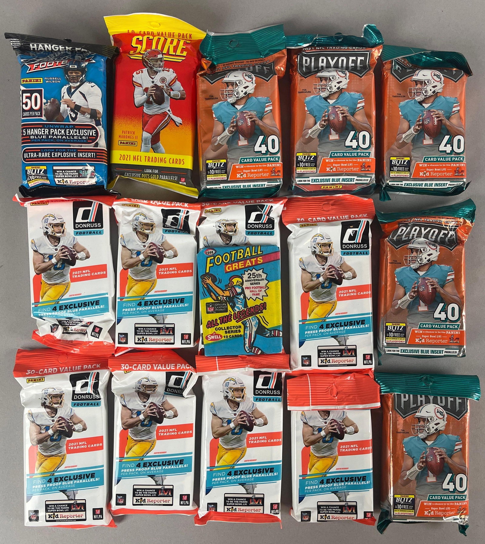 16 - Various Football Value Packs: 2021 Score, 8 - Donruss, 5 - Playoff, 1 - 1988 Swell