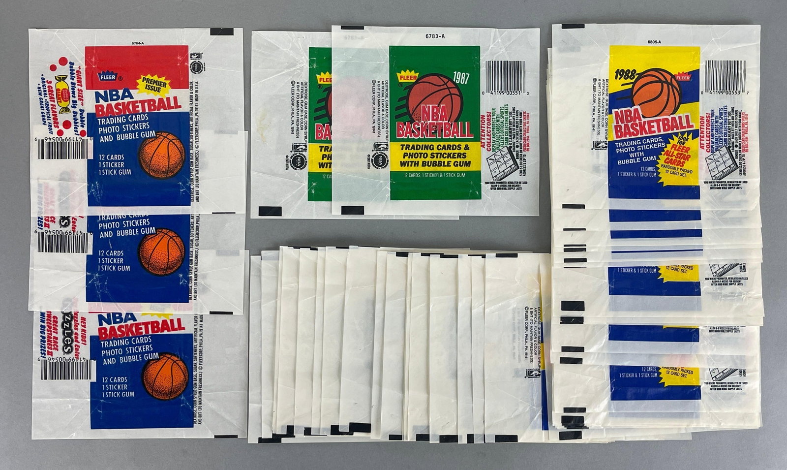 41 - 1986- 88 Fleer Basketball Wax Wrappers: Incredible Dealers Lot, 3 - 1986 Fleer Jordan Packs, 2 - 1987 Fleer, 36 - 1988 Fleer