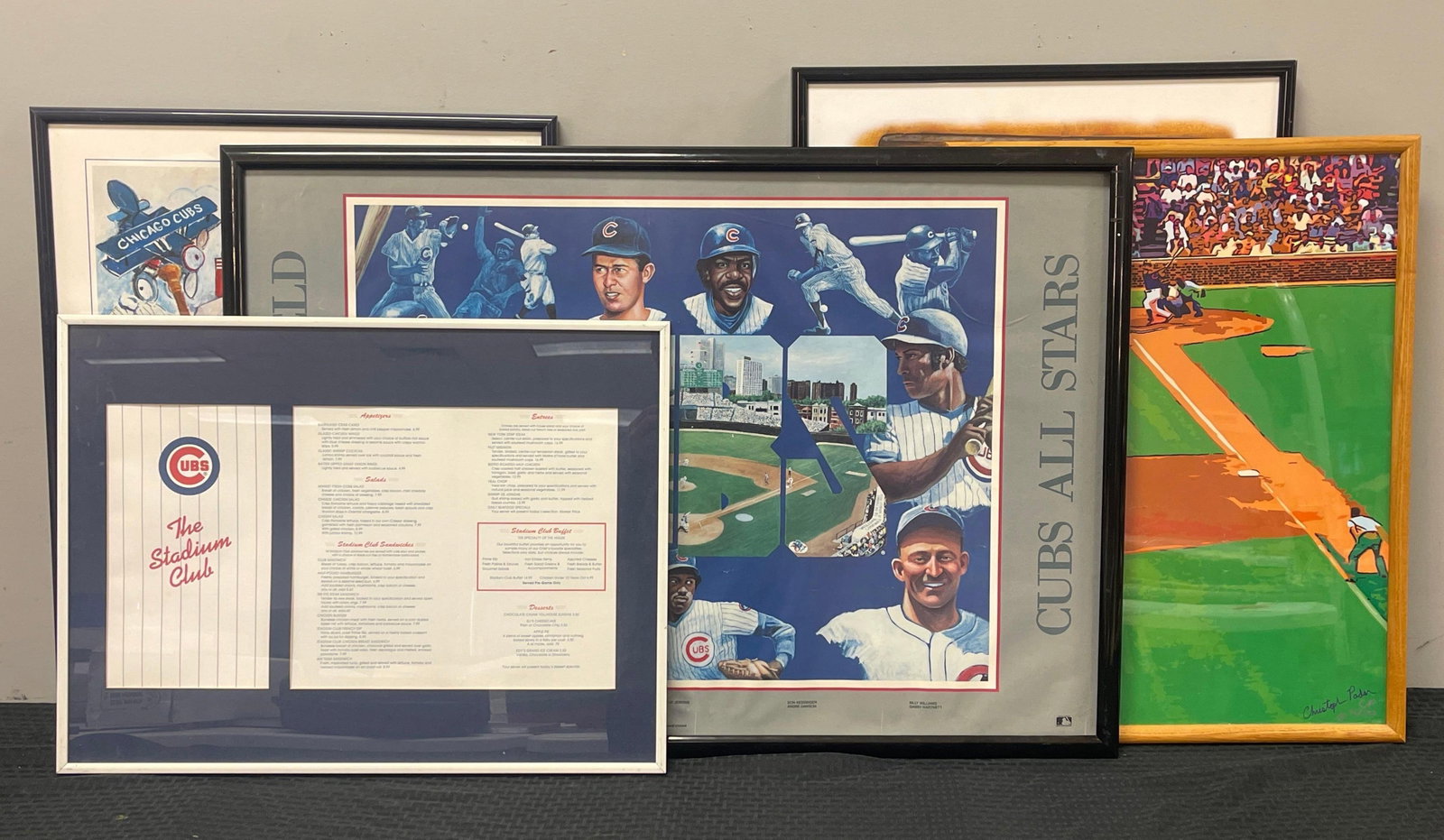 5 - Framed and Signed Chicago Cubs Photos and Posters: Includes The Stadium Club Menu, Christoph Pader signed art 46/500, and More, Largest frame measures 37 x 25 Inches, Frames have wear and scratches