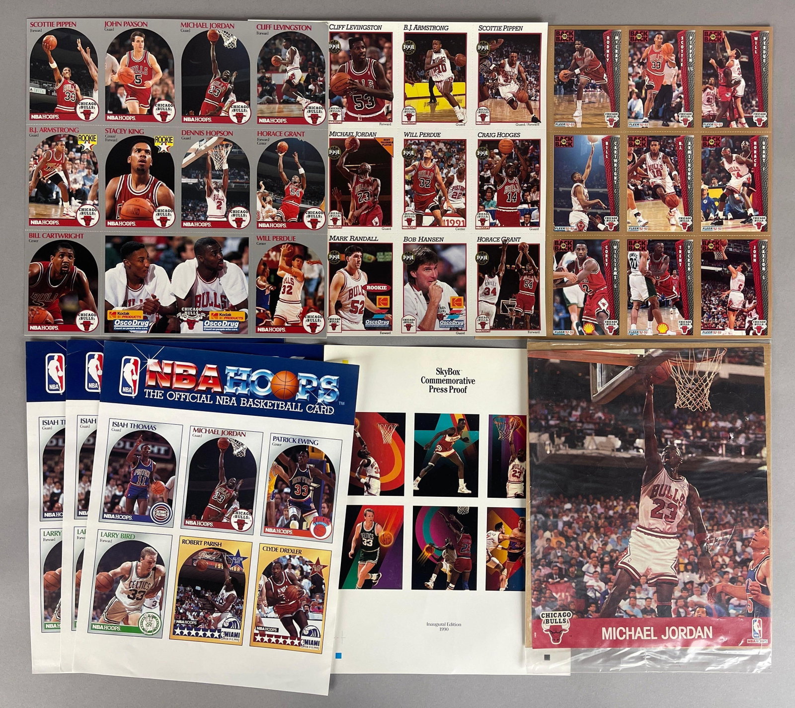 1990 Skybox Press Proof, Hoops Ad, Michael Jordan Action Photo, and 1990 - 92 Bulls Uncut Sheets (1 of 2)