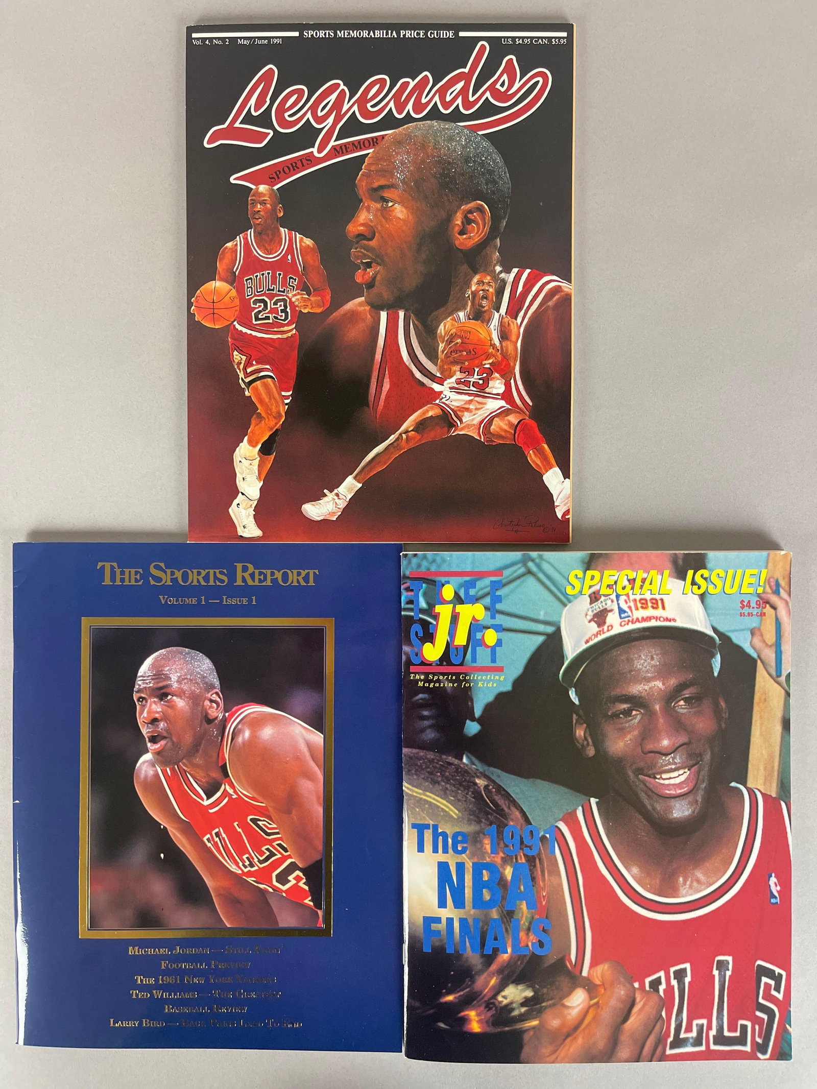 1991 The Sports Report, Legends, and Tuff Stuff Jr Magazines with Michael Jordan and Cards Sheets: All with Michael Jordan covers, 1991 Sports report 1st issue with high and uncut sheet, 1991 Legends with uncut sheet of cards, 1991 Tuff Stuff Jr. with uncut sheet