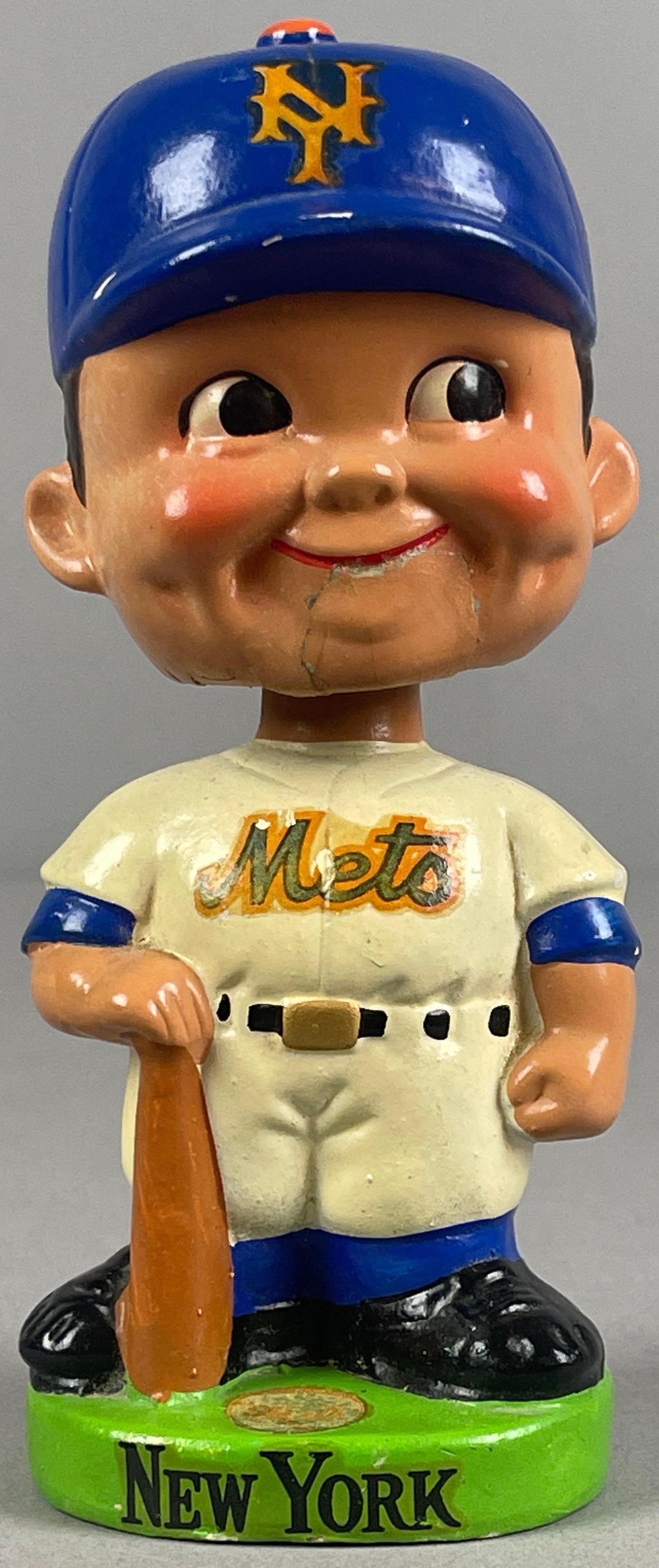 1960s New York Mets Green Round Base Bobblehead: 1960s New York Mets Green Round Base Bobblehead, Measures 3 x 7 Inches, Damage to chin and hat