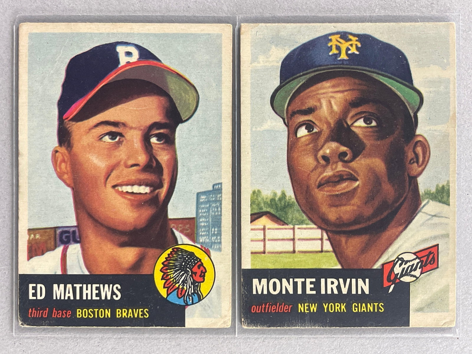 1953 Topps Ed Mathews #37 and Monte Irvin #62: 1953 Topps Ed Mathews #37, VG Great centering and Monte Irvin #62, VG