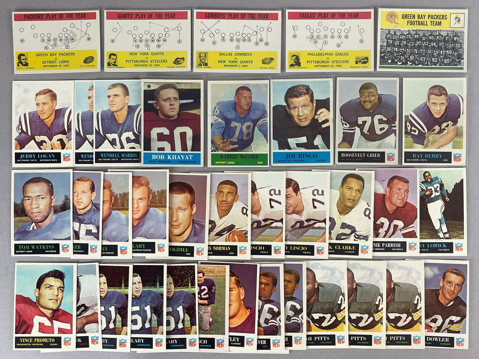 38 - 1964 and 65 Philadelphia Football Cards with HOFs: Conditions vary, EXMT - NMMT with a few less, Sharp cards, 1965 Ray Berry NM - NMMT, 1965 Rosie Grier EX, 1964 Jim Ringo VG, 1964 Tom Landry and Vince Lombardi Rookie cards and More