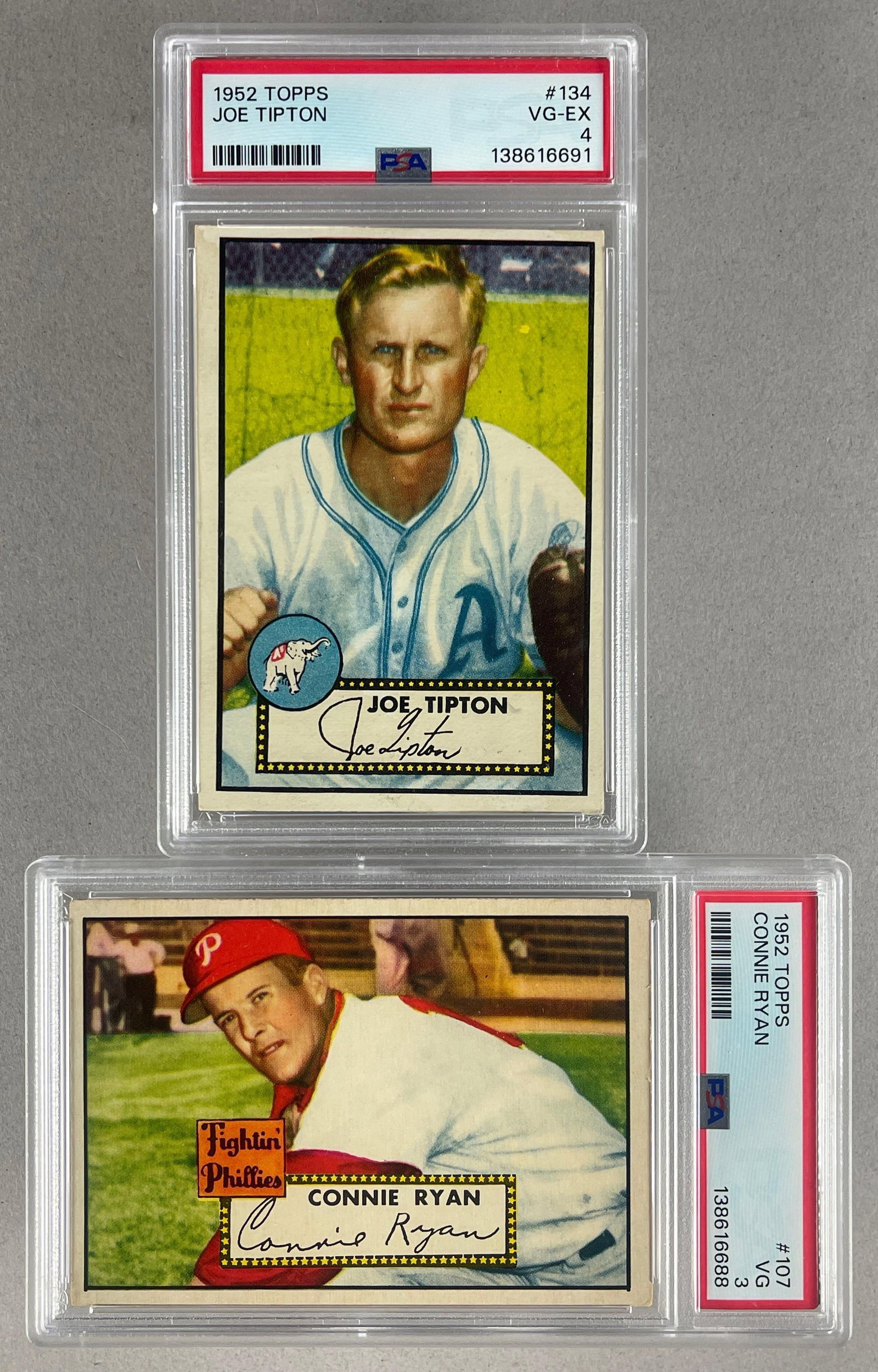 2 - 1952 Topps Joe Tipton PSA 4 and Connie Ryan PSA 3: 2 - 1952 Topps Joe Tipton #134 PSA 4 and Connie Ryan #107 PSA 3