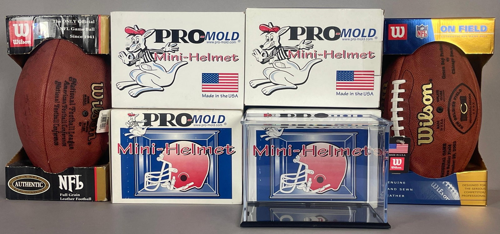 2 - Wilson Footballs and 4 - Mini Helmet Cases: Ready for Signatures with Boxes