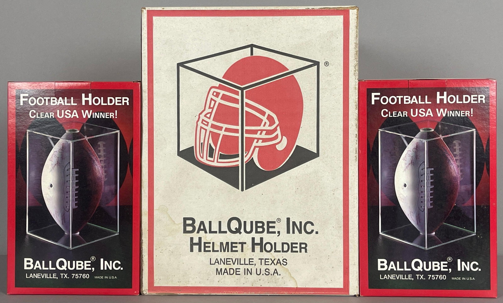 2 - Ball Qube Football Cases and a Full Size Helmet Display: 2 - Ball Qube Football Cases and a Full Size Helmet Display, Large Display measures 12 x 16 x 12 Inches