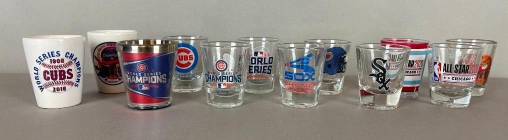 12 - Chicago Cubs, Bulls, Bears, and White Sox Shot Glasses: 5 different 2016 Cubs World Series Champions, 1998 Chicago Bulls NBA Champions, 2 - 2020 NBA All-Star Game, and More