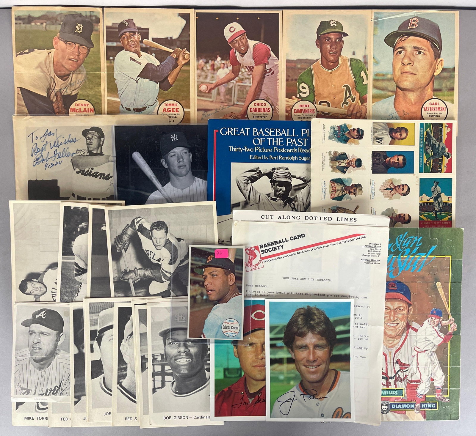 Group of Sports Collectables with Bob Feller Auto and Dover Reprint Sets: 1967 Topps Pinup Yastrzemski, 1964 Topps Giants Cepeda, 1978 Dover Reprints Set, 4 - 1950s Hockey and Football Team Issued Player Photos, and More