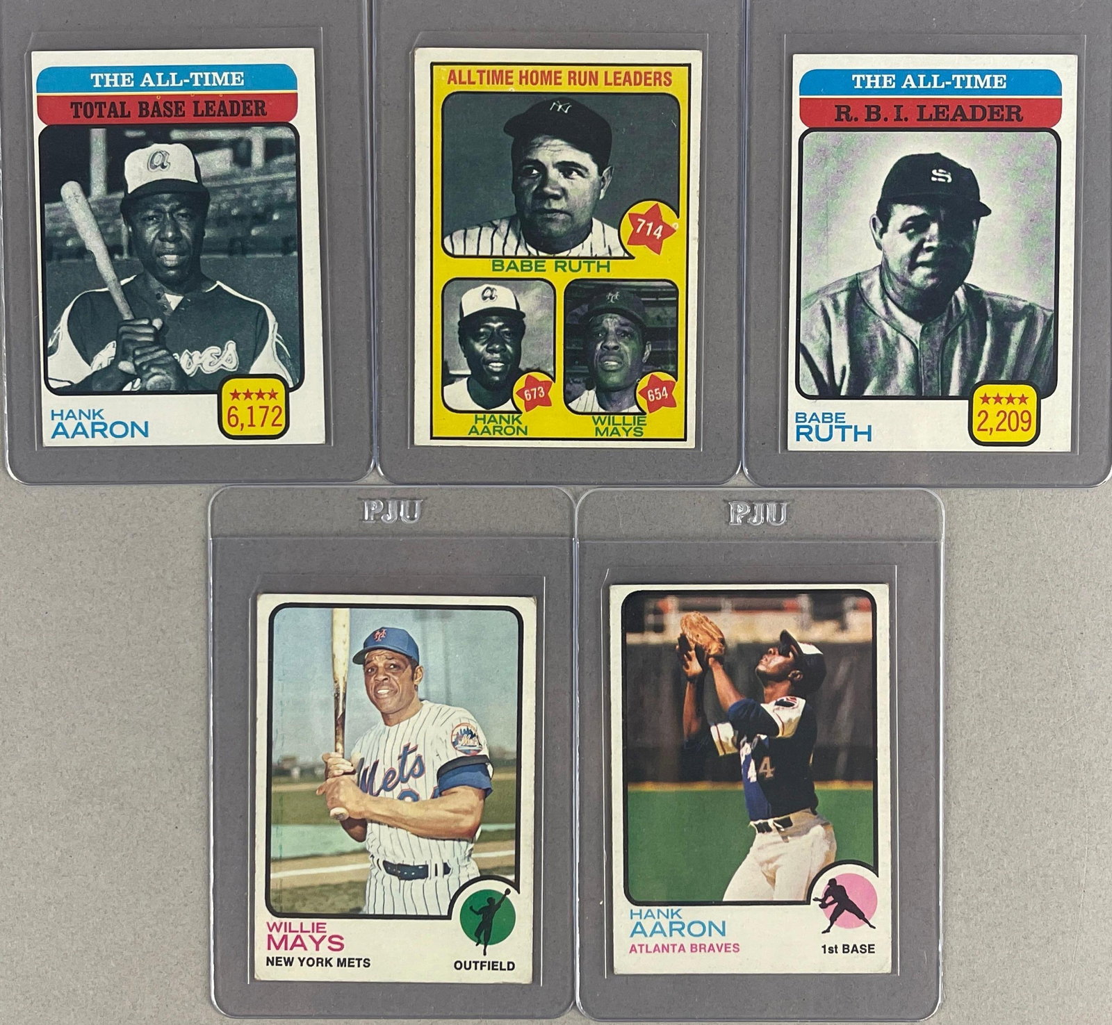 5 - 1973 Topps Willie Mays, Hank Aaron, and Babe Ruth Cards: Conditions vary, VG - EXMT, Includes #1 HR Leaders, Aaron #100 #473, Mays #305, Ruth #474