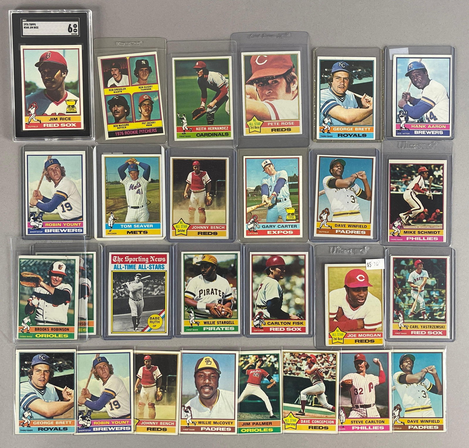 27 - 1976 Topps Baseball HOFs, Stars, and Rookies: Conditions vary, VG - EXMT, Includes Aaron, 2 - Brett, ROse, Bench, 2 - Winfield, Schmidt, Yaz, and More