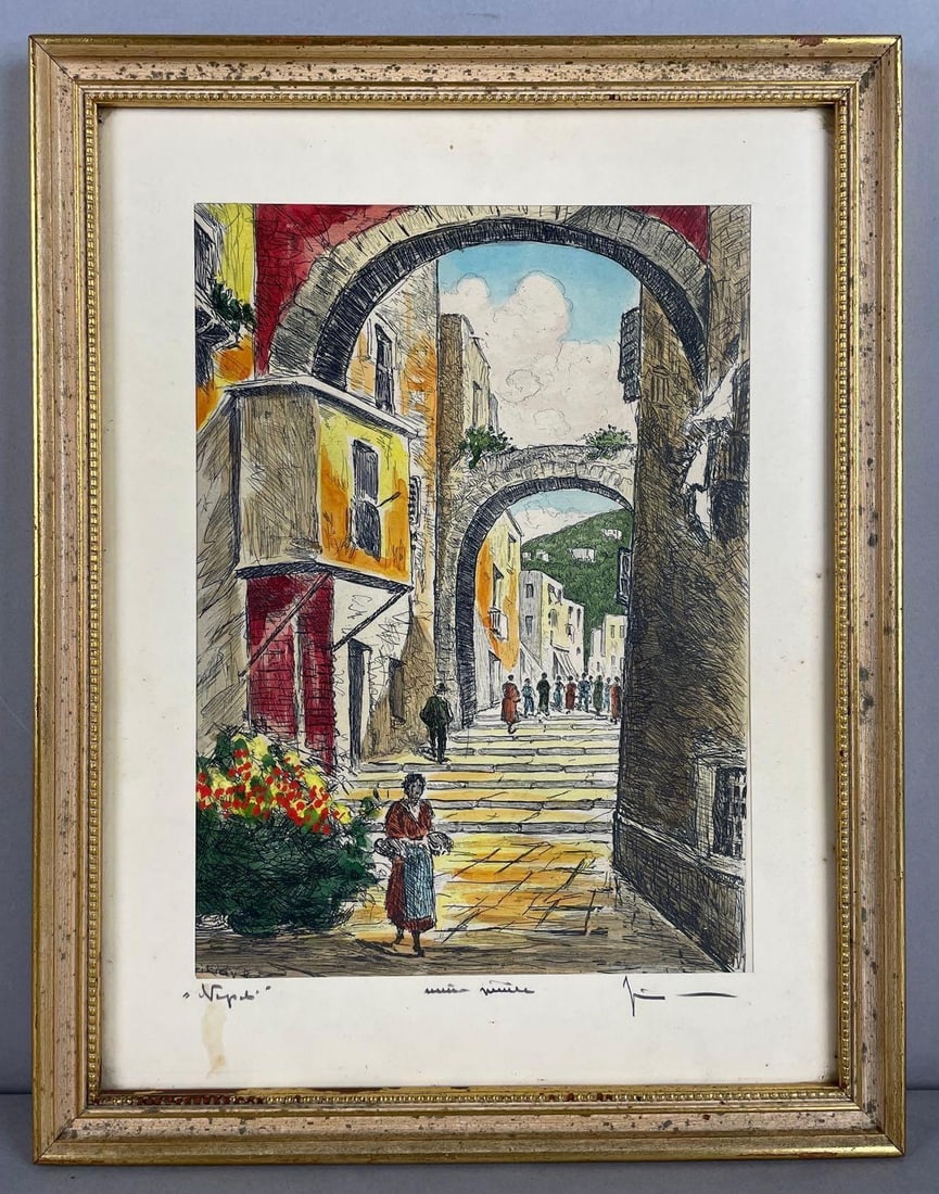 Vintage Bela Sziklay Napoli Etching: Frame measures 15 3/4 inches x 12 1/4 inches