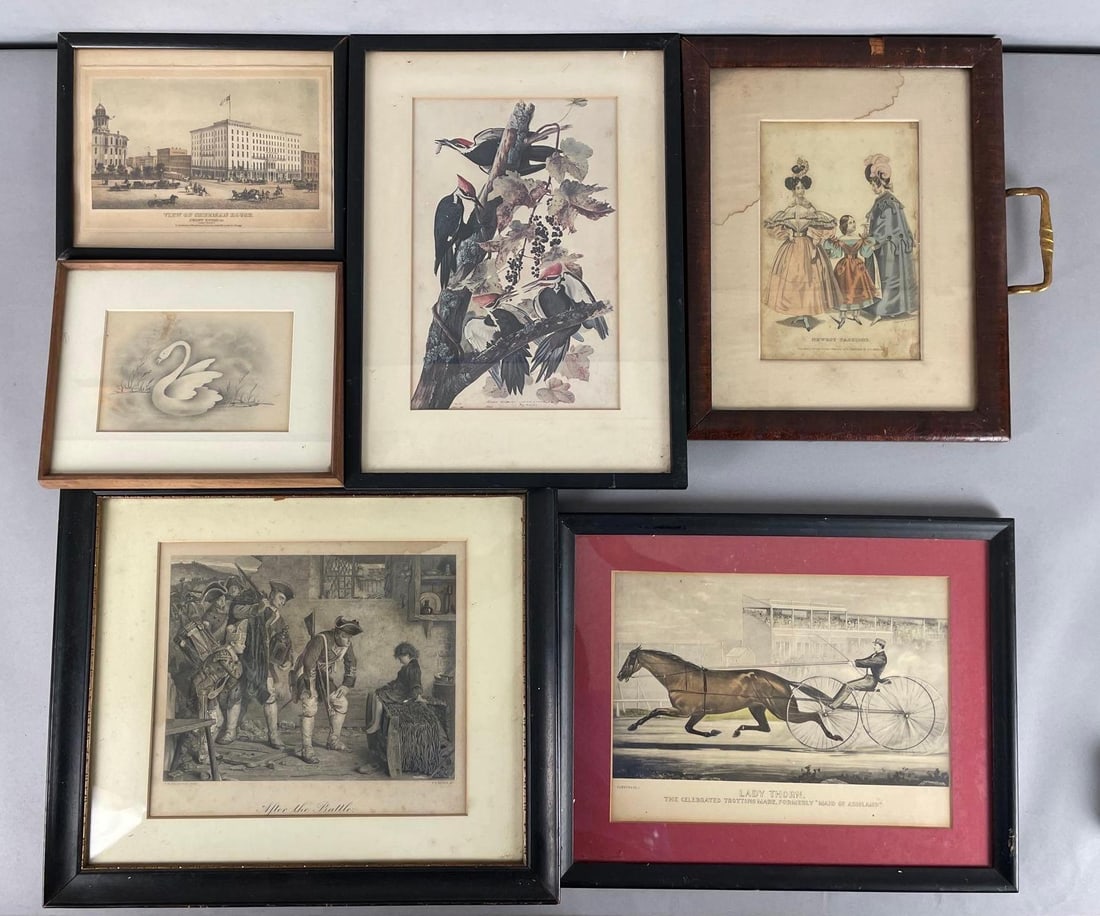 Group of Vintage Art Prints / Lithographs: Includes after the battle, swan, lady thorn, largest frame measures 14 inches x 16 1/4 inches