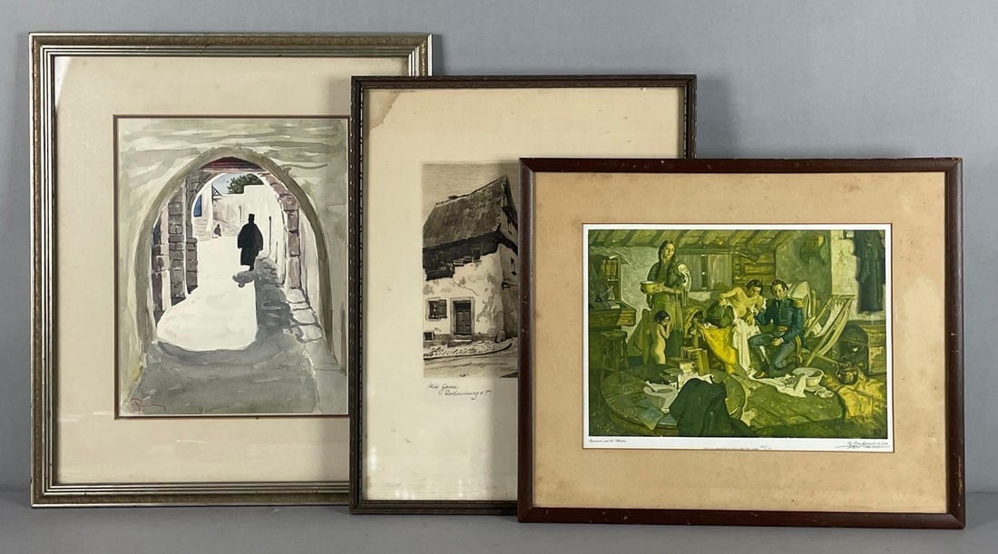 Group of 3 Vintage Signed Art Pieces: Include ls signed and numbered Dean cornwell litho, etching, watercolor, largest frame measures 20 inches x 17 inches