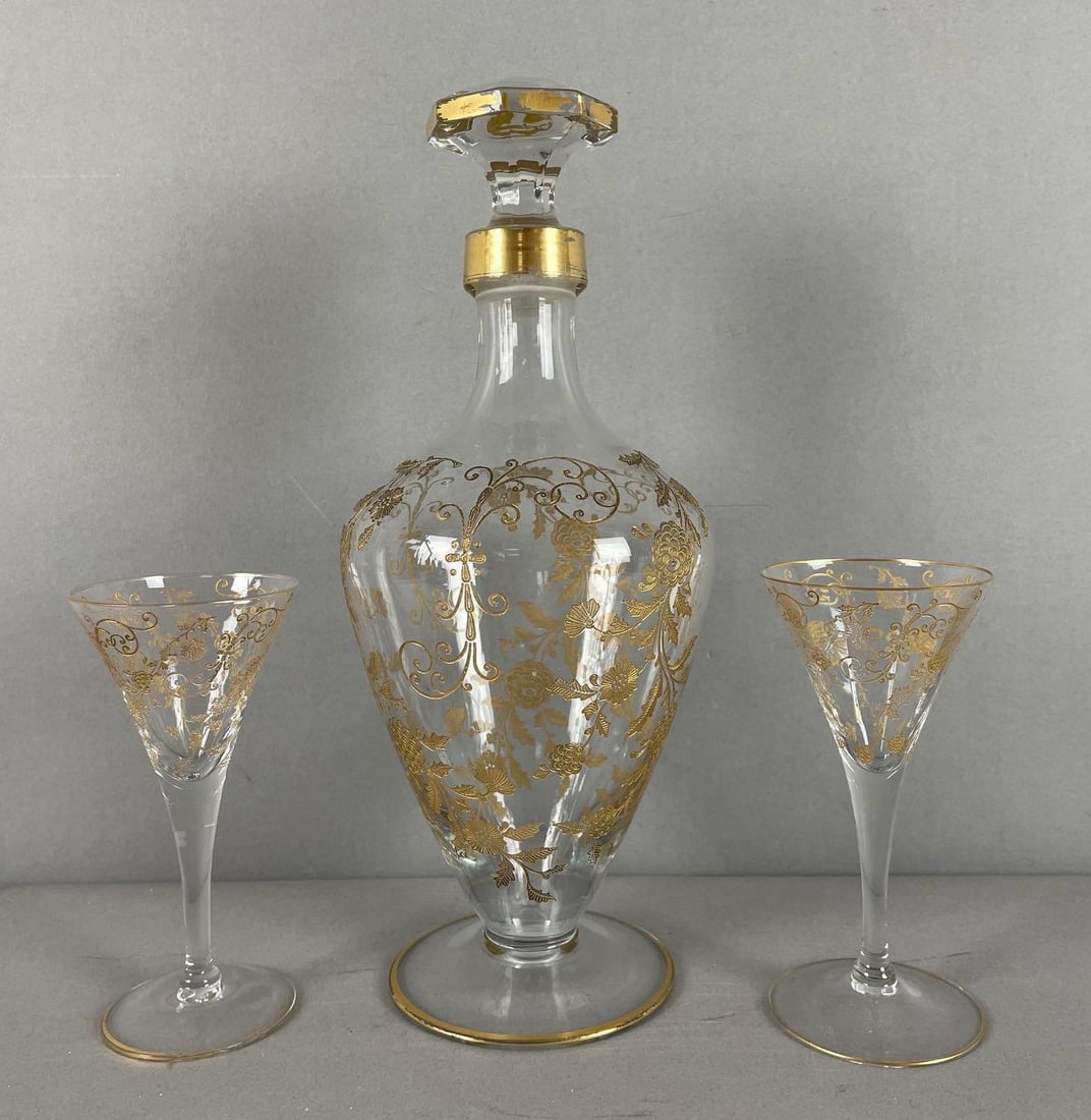 Vintage Cambridge Glass Gold Etched Decanter and 2 Sherry Glasses: Decanter measures 11 1/4 inches x 4 1/2 inches