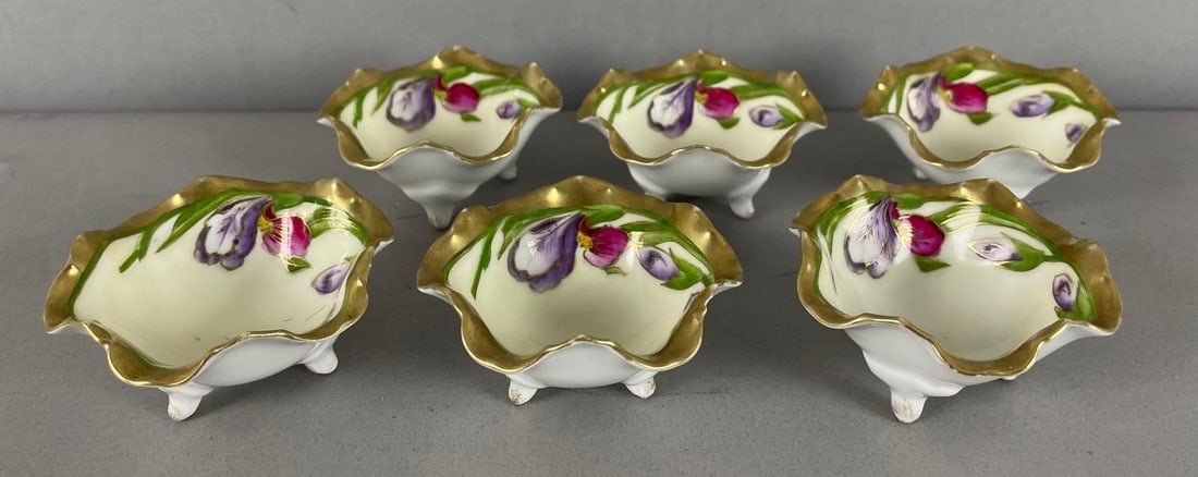 Group of 6 Antique Bavaria Porcelain Footed Salt Cellars: Floral pattern with gold edge, each measure 1 1/2 inches x 3 inches