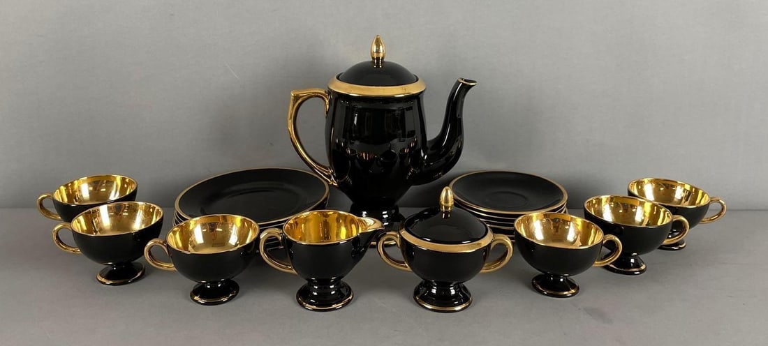 Norsk Flint Egersund Black and Gold Ceramic Tea Set: Includes teapot, creamer and sugar , service for 6, teapot measures 8 inches x 7 1/2 inches x 4 inches