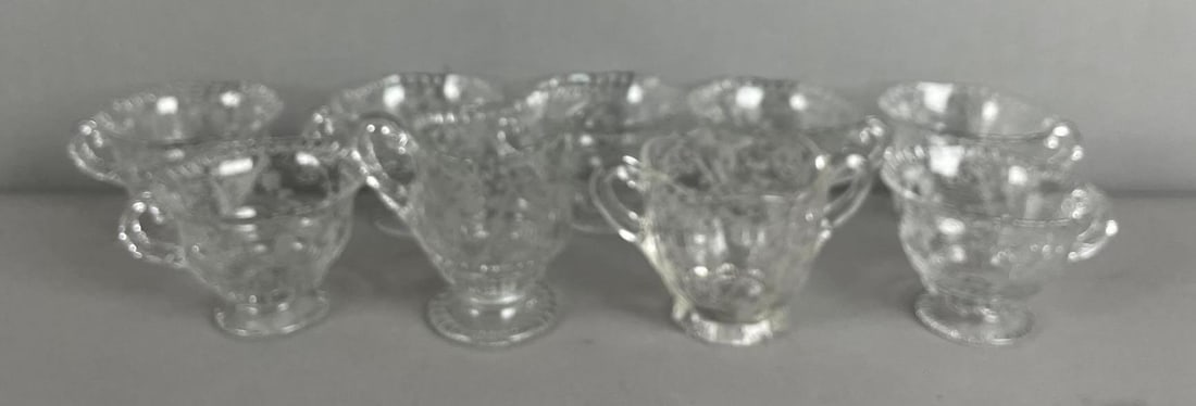 Cambridge Elaine Floral Etched Glass Tea Set: Includes creamer, sugar bowl, creamer measures 4 1/4 inches x 4 1/2 inches x 3 inches