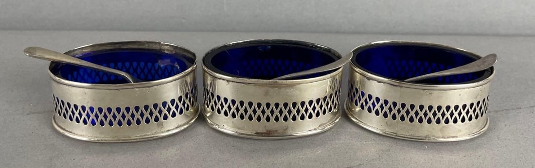 Group of 3 Vintage Sterling Silver and Cobalt Glass Footed Salt Cellars: Includes sterling spoons, each measure 1 inches x 2 inches x 1 1/2 inches