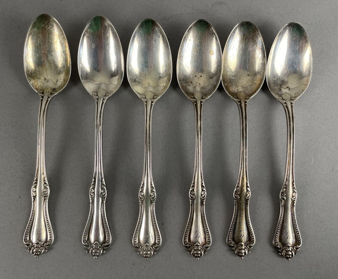 Set of 6 Antique Sterling Silver Teaspoons: 5 1/2 inches long, 102.4 g total weight