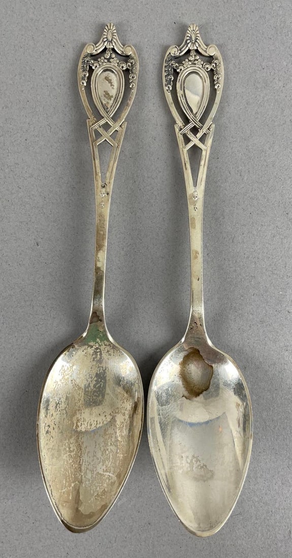 Set of 2 Antique Sterling Silver Teaspoons: 6 inches long, 47.4 g total weight