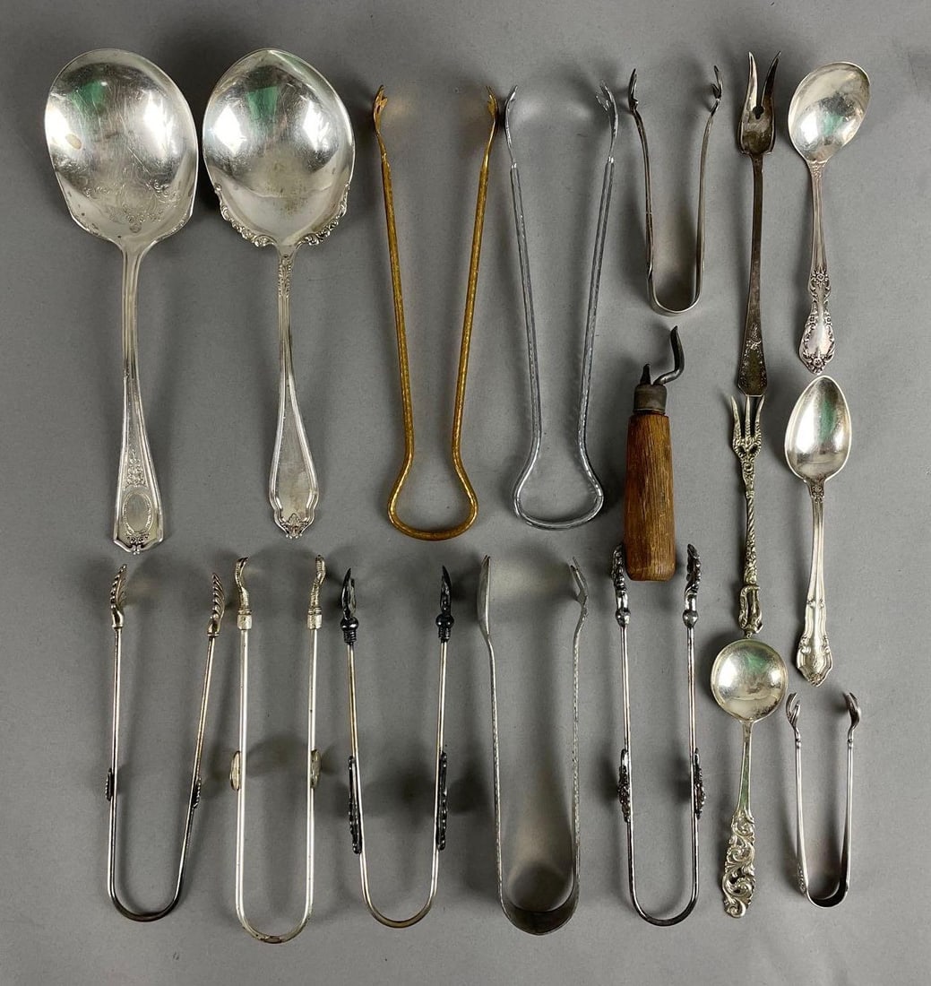 Group of Antique Ice Tongs and More: Includes silver plated spoons, cocktail forks, largest tongs measures 8 1/2 inches x 2 1/2 inches