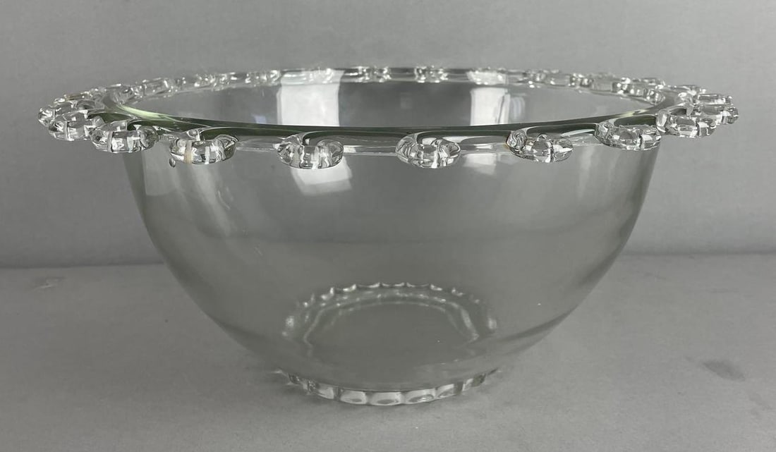 Heisey Lariat Glass Punch Bowl: Looped rim to hang cups, measures 6 1/2 inches x 15 inches