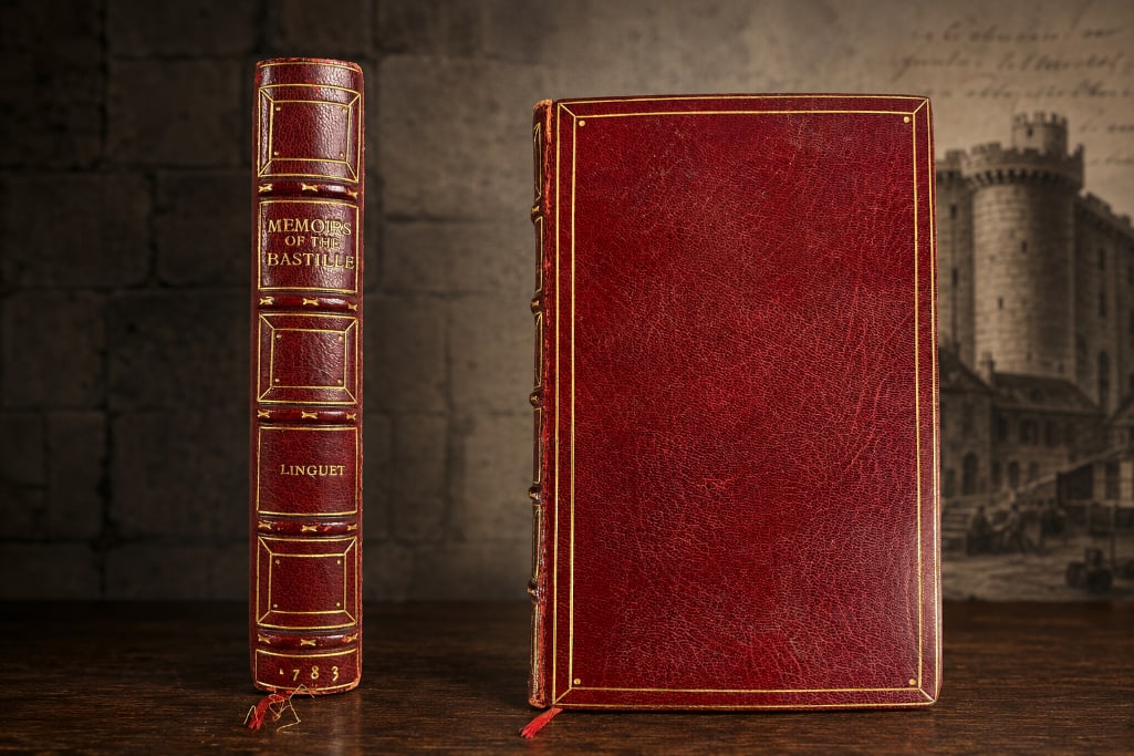 1783 Memoirs of the Bastille Hardcover Book: Rebound leather cover, gilded pages, measures 6 1/4 inches x 4 inches
