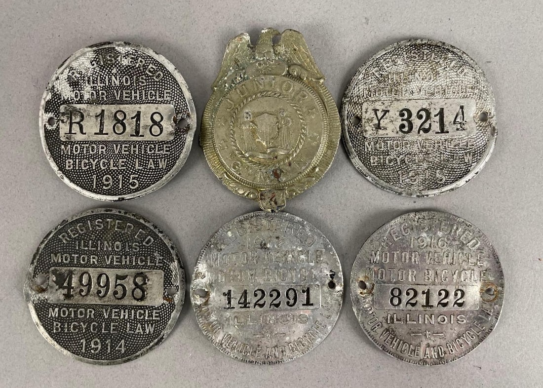 Group of 5 1910s Illinois Motor Bicycle License Discs (1 of 2)