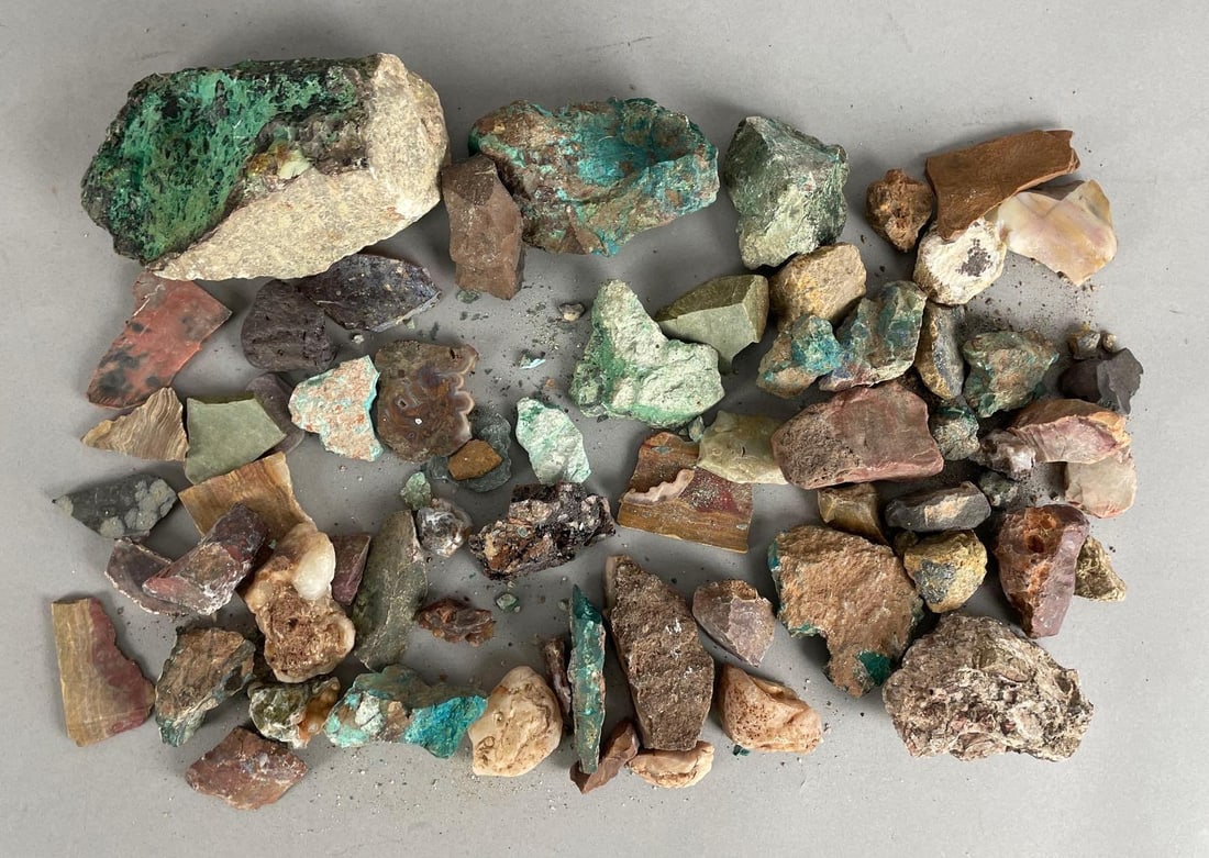 Group of Rough Copper Based Stones: Includes turquoise, chrysocolla, largest measures 4 inches x 5 3/4 inches x 3 inches