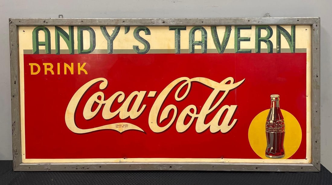 1940 Coca-Cola / Andys Tavern Metal Advertising Sign: No in-house shipping available, 3rd party or pickup only. Wood frame measures 36 inches x 71 1/4 inches