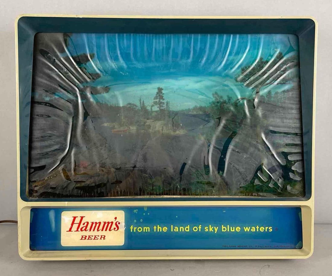 Vintage Hamms Beer Light-Up Motion Rippler Advertising Sign for Parts: Needs rewired, front scene bubbled, measures 19 inches x 22 1/2 inches x 4 1/4 inches
