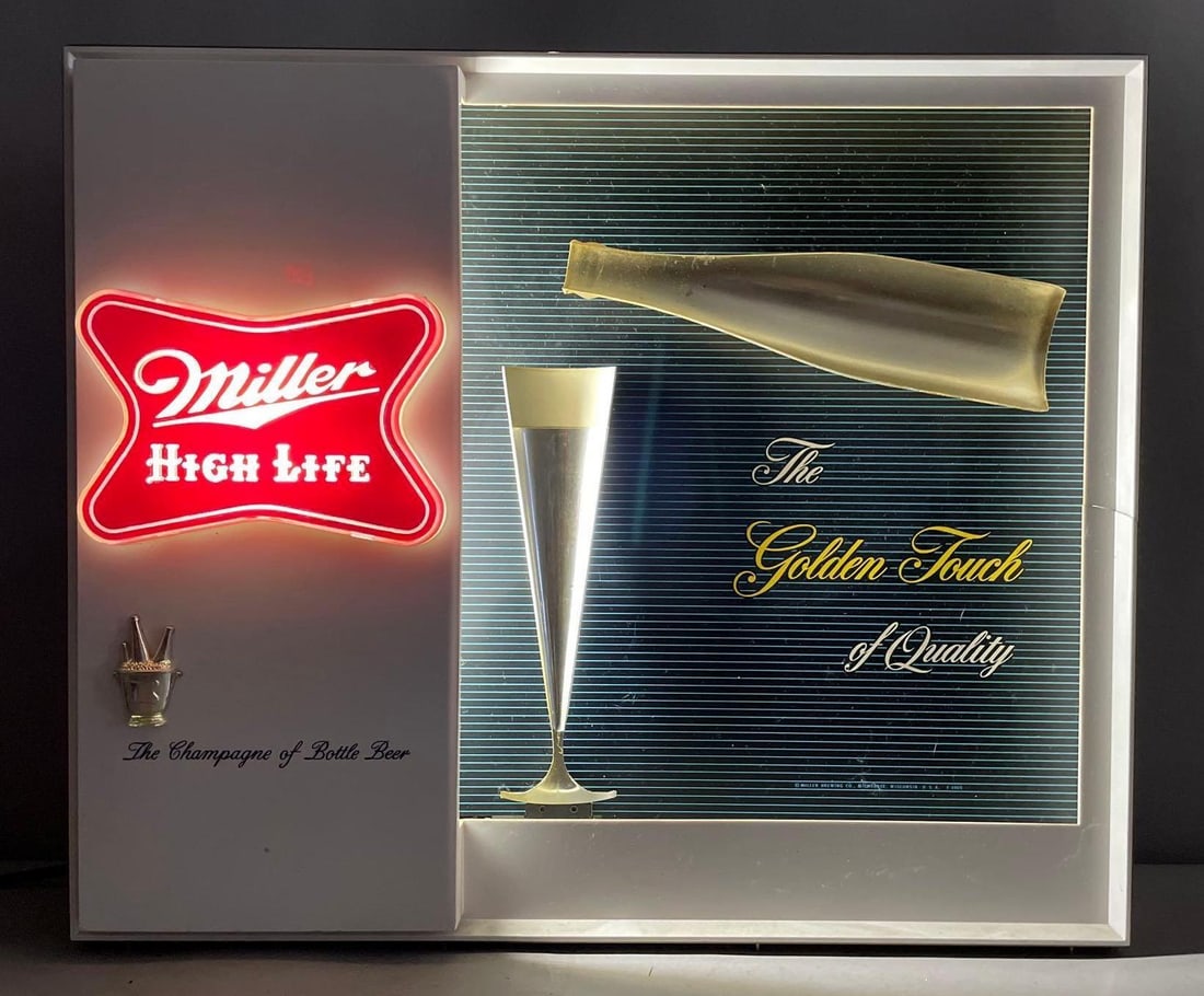 Vintage Miller High Life Beer Light-Up Motion Advertising Sign: Working light, motion did not work in test, some breaks, measures 16 3/4 inches x 20 inches x 4 inches