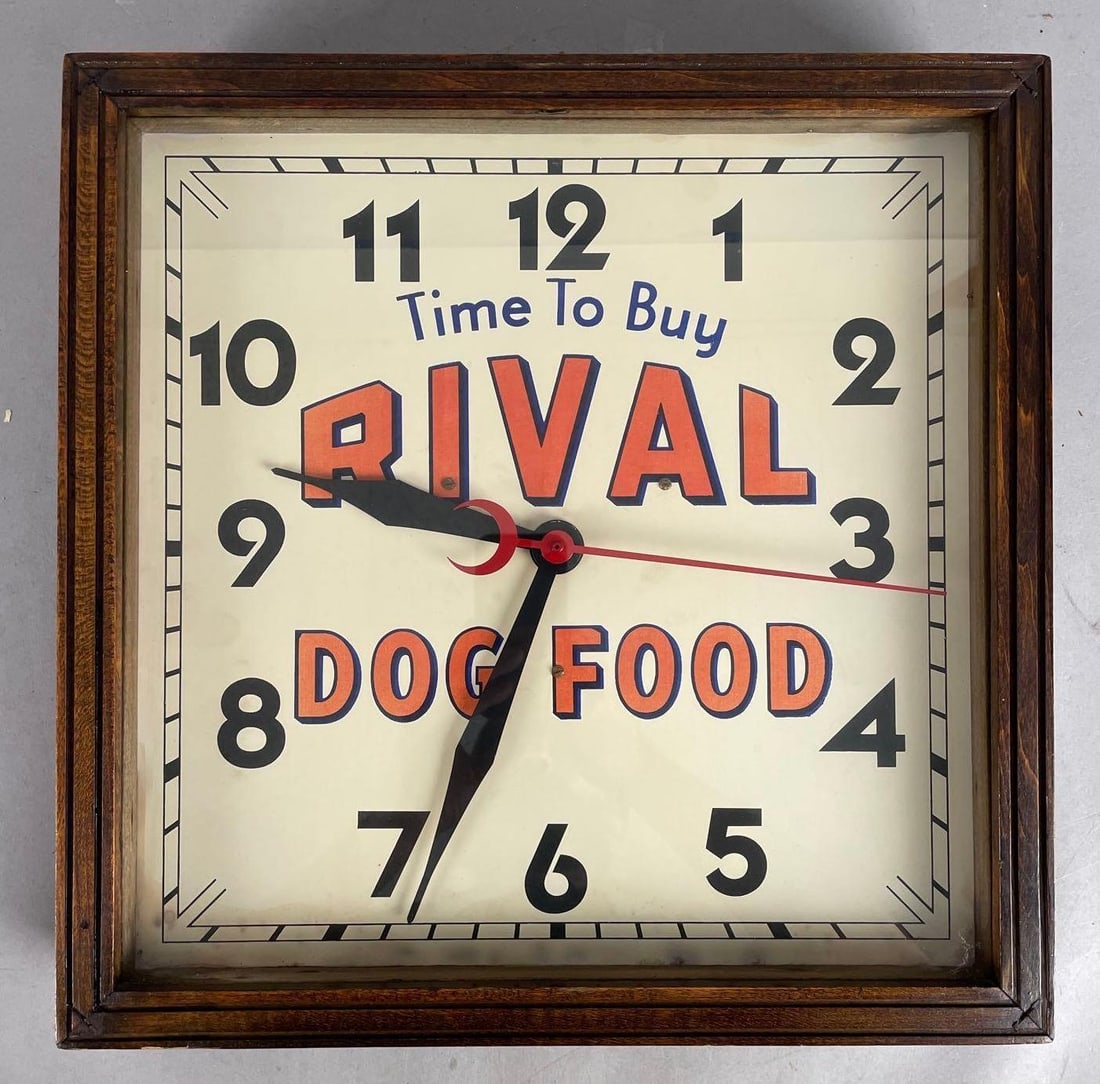 1930s Rival Dog Food Advertising Clock: Needs rewired, measures 15 1/2 inches x 15 1/2 inches x 3 1/2 inches