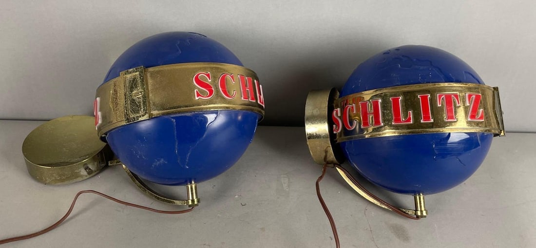 Group of 2 Vintage Schlitz Beer Light-Up Rotating Advertising Signs: Need rewired, both tops loose, measure 9 inches x 9 inches x 9 inches